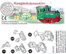 Wie aus dem Ei gepellt: Überraschungsei-Inhalt von Ferrero, Steckmodell einer kleinen Diesel-Rangierlokomotive (Nummer 630829)